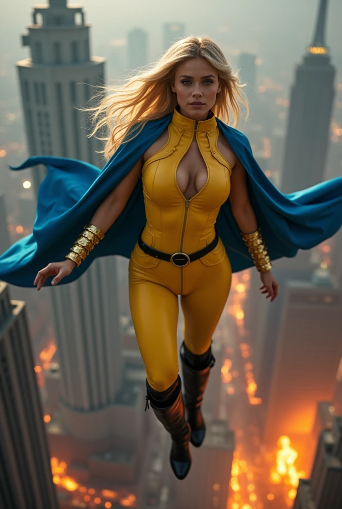 A beautiful blonde woman wearing a yellow leather jumpsuit with a blue cape. This outfit has a round black plate and gold bracelets. Black boots up to her knees. Sensual outfit flying over the city skyscrapers and buildings on fire.