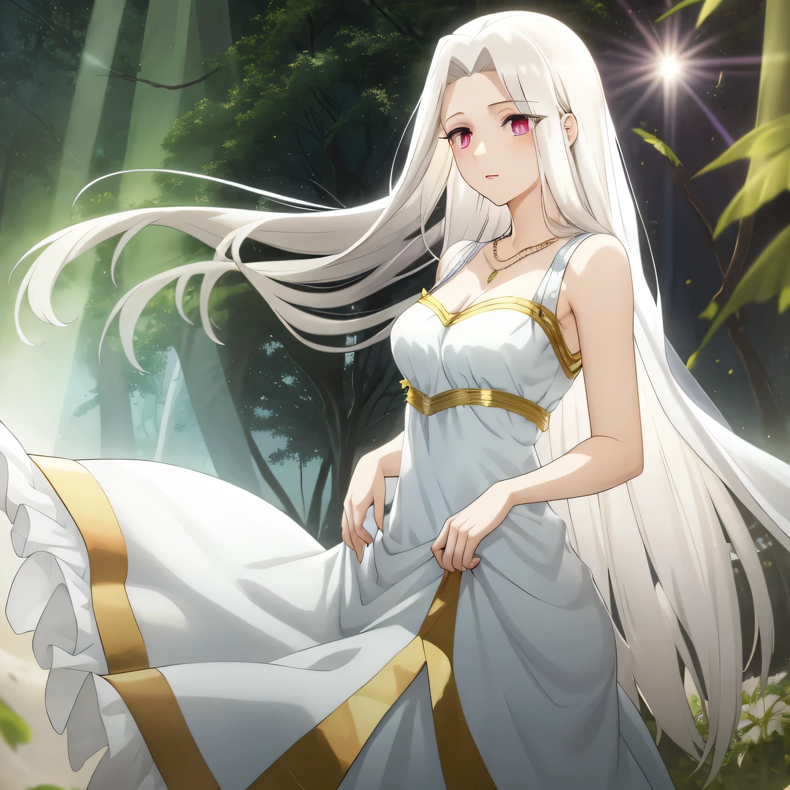 Irisviel, royale cold silky dress sleeveless,solo,,arm at side,middle size of breast,beautiful necklace,tall breasts,flowers in air,in beautiful jungle,Gold decorations on a dress,female modern soldier have a black and short hair kissing irisviel,irisviel with female modern soldier