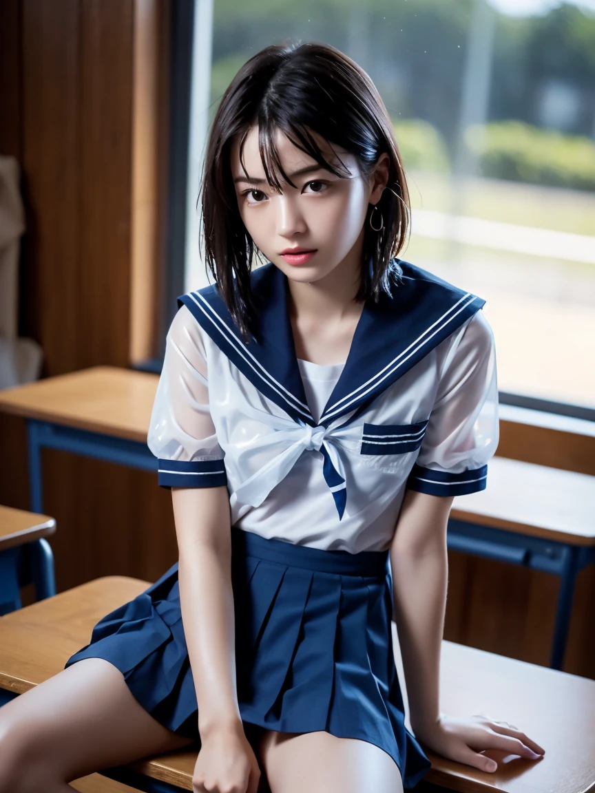 masterpiece:1.2, Very detailed, Ultra-high resolution, Realistic, photo Realistic:1.6, High-resolution RAW color photos, Professional photos, Sharp focus:1.2, Very detailed顔と肌の質感, Very beautiful eyes, Glossのある肌, Glowing Skin, Glowing Skin, Shining Face, Gloss, Oily skin, greasy face, Oily skin, greasy face,, real Glossのある肌 texture, Perfect Anatomy, Very detailed背景,(High school classroom at night),1 female,25-year-old woman, Japanese women,height: 168cm,short hair, Straight hair, bangs, Brown Hair,((Flat Chest:1.6)),Slender legs, (See-through white short-sleeved cloth sailor suit、Navy blue pleated exy T-panties under skirt:1.6),((A wet and very transparent sailor uniform:1.6)),Earrings,(Sit on a desk)