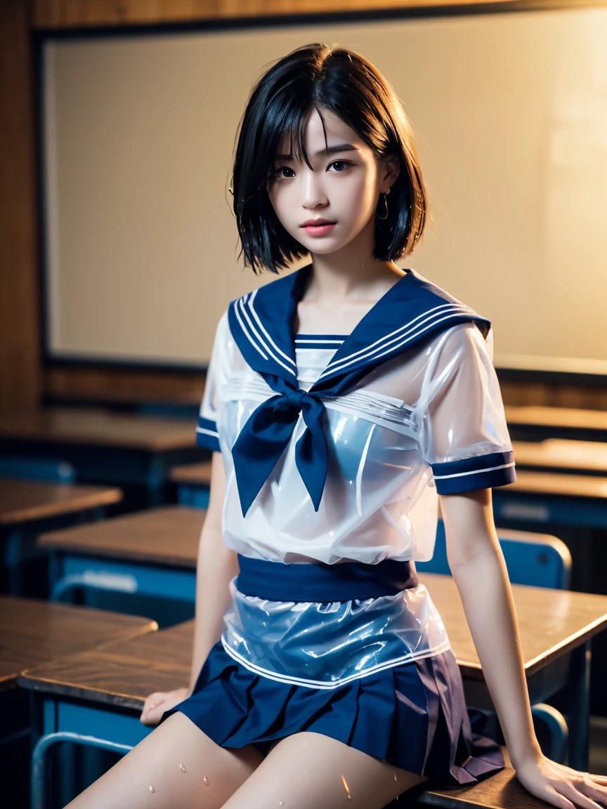 masterpiece:1.2, Very detailed, Ultra-high resolution, Realistic, photo Realistic:1.6, High-resolution RAW color photos, Professional photos, Sharp focus:1.2, Very detailed顔と肌の質感, Very beautiful eyes, Glossのある肌, Glowing Skin, Glowing Skin, Shining Face, Gloss, Oily skin, greasy face, Oily skin, greasy face,, real Glossのある肌 texture, Perfect Anatomy, Very detailed背景,(High school classroom at night),1 female,25-year-old woman, Japanese women,height: 168cm,short hair, Straight hair, bangs, Brown Hair,((Flat Chest:1.6)),Slender legs, (See-through white short-sleeved cloth sailor suit、Navy blue pleated exy T-panties under skirt:1.6),((A wet and very transparent sailor uniform:1.6)),Earrings,(Sit on a desk)