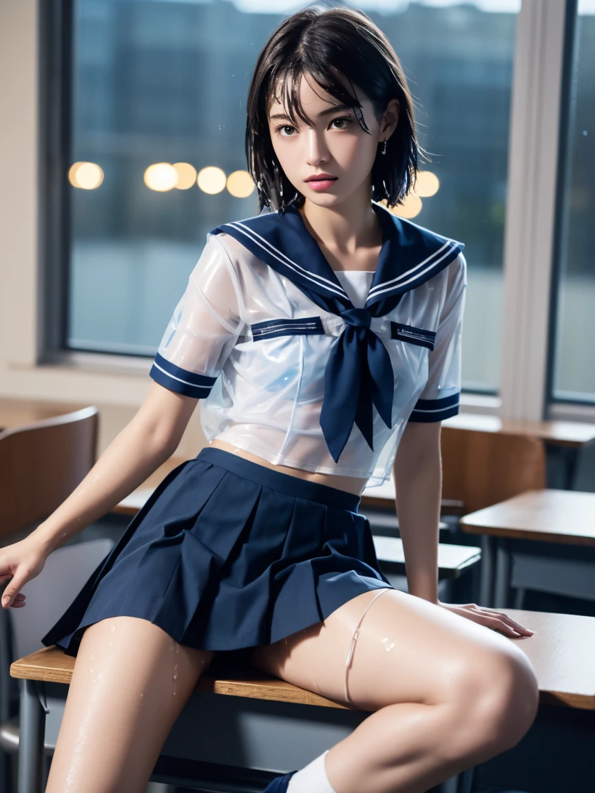 masterpiece:1.2, Very detailed, Ultra-high resolution, Realistic, photo Realistic:1.6, High-resolution RAW color photos, Professional photos, Sharp focus:1.2, Very detailed顔と肌の質感, Very beautiful eyes, Glossのある肌, Glowing Skin, Glowing Skin, Shining Face, Gloss, Oily skin, greasy face, Oily skin, greasy face,, real Glossのある肌 texture, Perfect Anatomy, Very detailed背景,(High school classroom at night),1 female,25-year-old woman, Japanese women,height: 168cm,short hair, Straight hair, bangs, Brown Hair,((Flat Chest:1.6)),Slender legs, (See-through white short-sleeved cloth sailor suit、Navy blue pleated exy T-panties under skirt:1.6),((A wet and very transparent sailor uniform:1.6)),Earrings,(Sit on a desk)