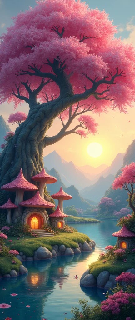 large cherry tree hanging over a pond and a meandering river where the mushroom-shaped stone huts and houses of the little people are located, fairies, gnomes, whips and elves, late sunset backlight, Fireflies flying subtly all made of crystals, gems and sparkles, fantasy art style, 8k resolution cartoon realism, misty dew atmosphere,