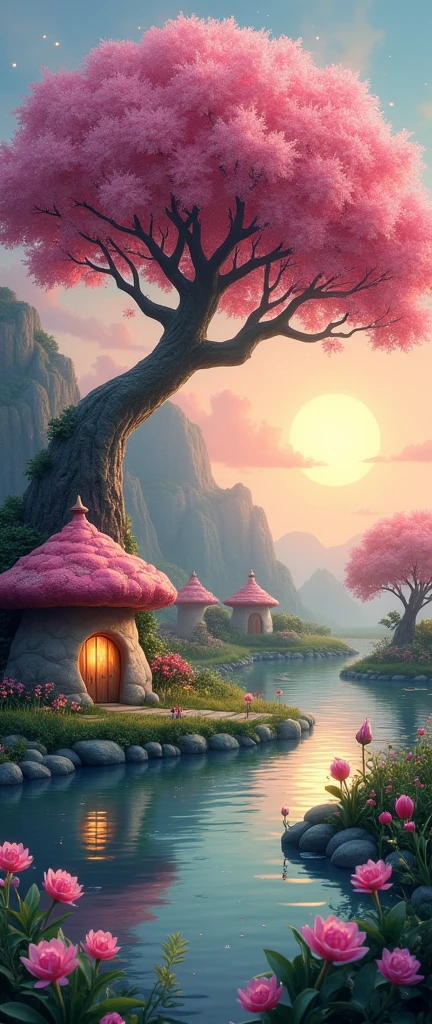 large cherry tree hanging over a pond and a meandering river where the mushroom-shaped stone huts and houses of the little people are located, fairies, gnomes, whips and elves, late sunset backlight, Fireflies flying subtly all made of crystals, gems and sparkles, fantasy art style, 8k resolution cartoon realism, misty dew atmosphere,