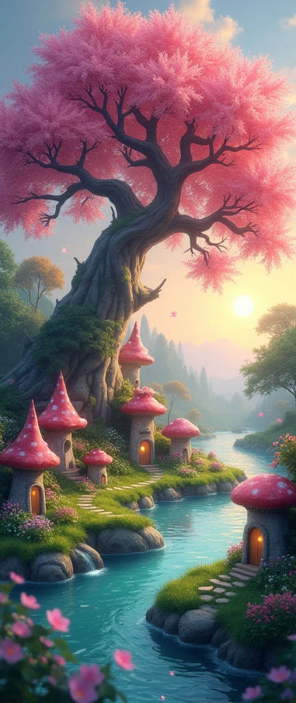 large cherry tree hanging over a pond and a meandering river where the mushroom-shaped stone huts and houses of the little people are located, fairies, gnomes, whips and elves, late sunset backlight, Fireflies flying subtly all made of crystals, gems and sparkles, fantasy art style, 8k resolution cartoon realism, misty dew atmosphere,