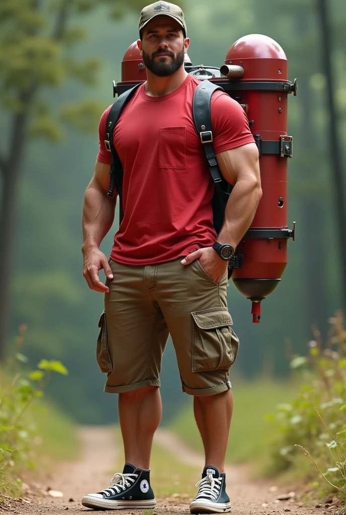 Muscular man wearing a shirt with long shorts Long loose shorts With pockets on the sides with converse sneakers red T-shirt and brown shorts Long short, Normal musculature With beard and baseball cap Realistic musculature A rocketeer Jet pack 