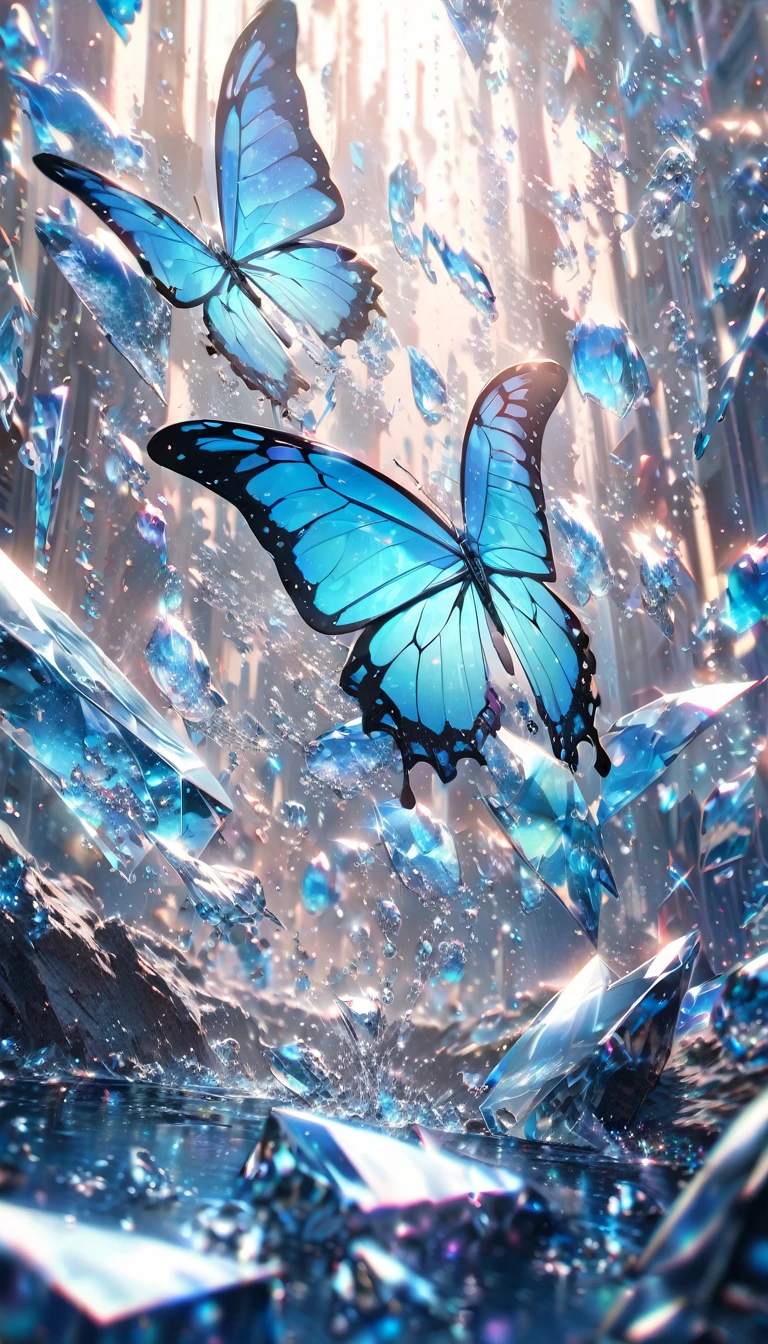 conceptual installation art, falling ice drops, shattering on the ground, background iridescent Tiffany Blue, (ultra detailed, absolutely resolution, best quality:1.3), 2.5D, delicate and dynamic effects, glitter effects, artistic, artistic photography, hyper realistic, CG digital art