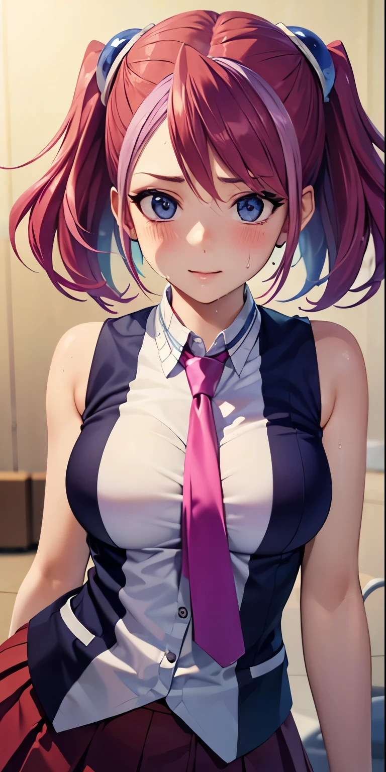 1 Female,High definition,high resolution,Ultra-realistic,8K, hy1, hair ornament, multicolored hair, necktie, skirt, sleeveless, , pink skirt, tight skirt,miniskirt, jewelry,European,sexy,Upper body close-up,Photographed from the front,Dynamic Angles,blush, medium , happy, wink the eye,facial, sweat,multicolored hair 