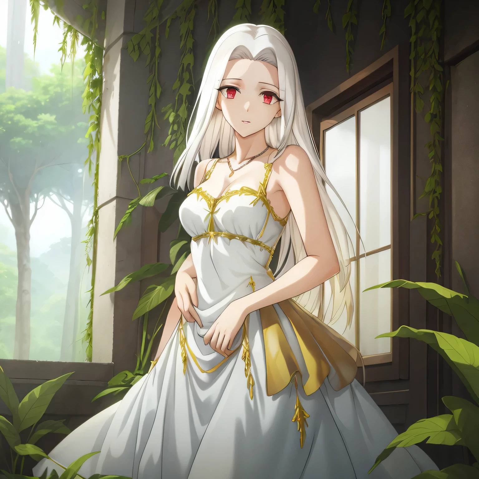 Irisviel, royale cold silky dress sleeveless,solo,,arm at side,middle size of breast,beautiful necklace,tall breasts,flowers in air,in beautiful jungle,Gold decorations on a dress,female modern soldier have a black and short hair kissing irisviel,irisviel with female modern soldier