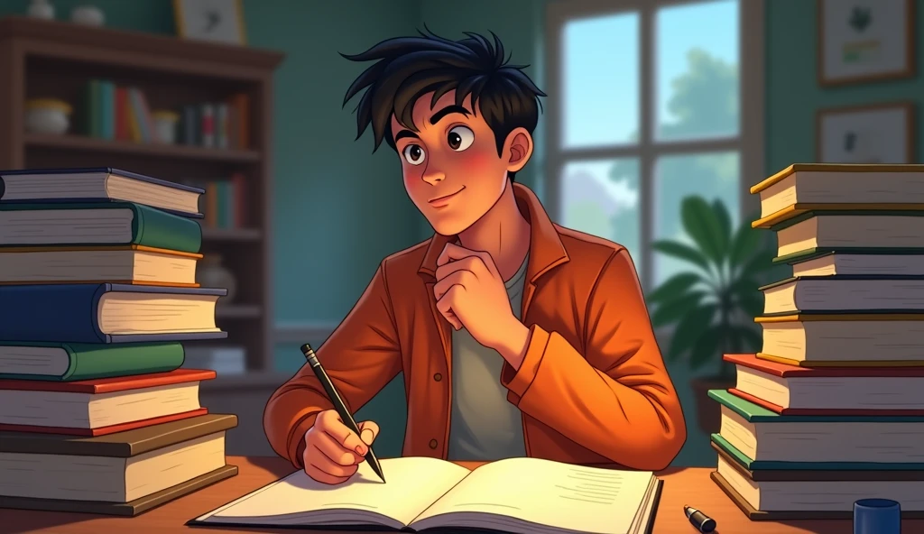 Rohan prioritizing his tasks**, showing a table with organized books, a notebook, and a pen, ready for focused study.