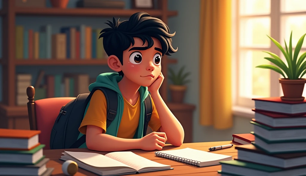 Rohan prioritizing his tasks**, showing a table with organized books, a notebook, and a pen, ready for focused study.