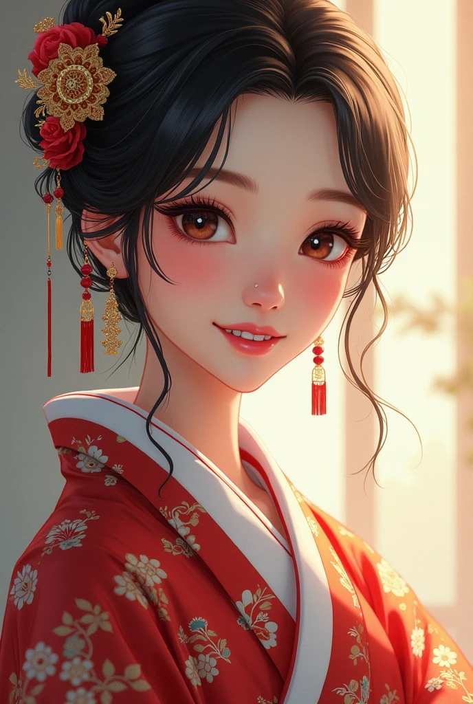 A beautiful Tibetan woman wearing a traditional Japanese dress and showing her white teeth、Beautiful illustrations created by SeaArt、Beautiful digital artwork, Beautiful digital illustrations, Beautiful digital painting, Smooth anime CG art,Amazing digital illustrations, Detailed digital anime art, Beautiful anime portraits