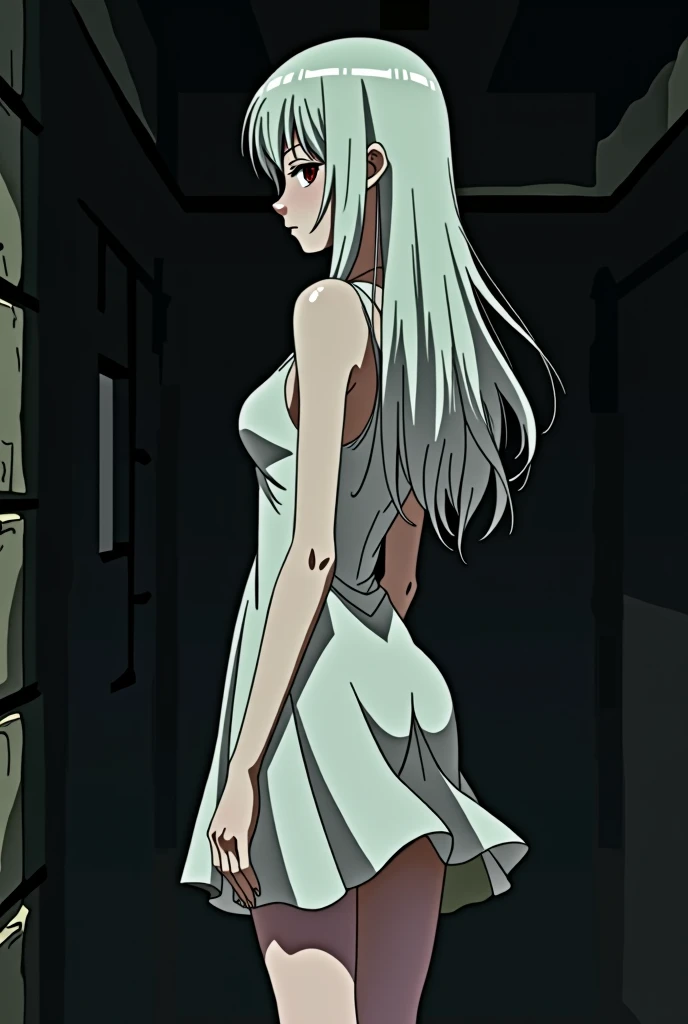 The image is in the style of a Ghibli studio anime., although somewhat gloomy and adult, It features a 20-year-old albino adult woman.. She is standing in front of a black wall, you see him from behind, She has long hair and red eyes. Shown with a smile. She has a white dress that reaches her knees.. strong thighs.