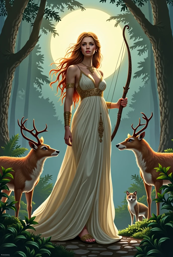 greek goddess artemis, with a bow and arrow, elegant white golden dress, hunting, forest, full moon, moonlit, multiple guardian animals around her
