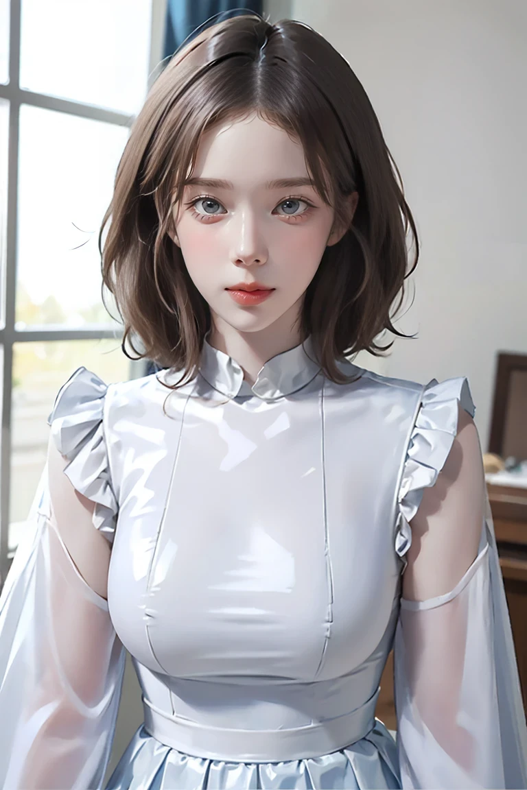 Portraiture、(masterpiece,Highest quality,Ultra-high resolution),Japanese women, (((Very beautiful 25 year old girl))),(White latex maid outfit)、(White latex long skirt)、(A long-sleeved white latex shirt covering the upper body)、White latex long gloves、White latex socks、Latex bodysuit、The clothes fit snugly to the body、Latex is very shiny、Dark Room、Large Breasts