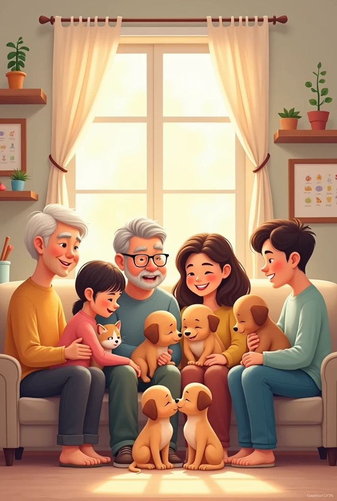 Even more tender cartoon of a large family consisting of 10 people, without children, 0 children, along with her puppies and a kitten, sharing all together