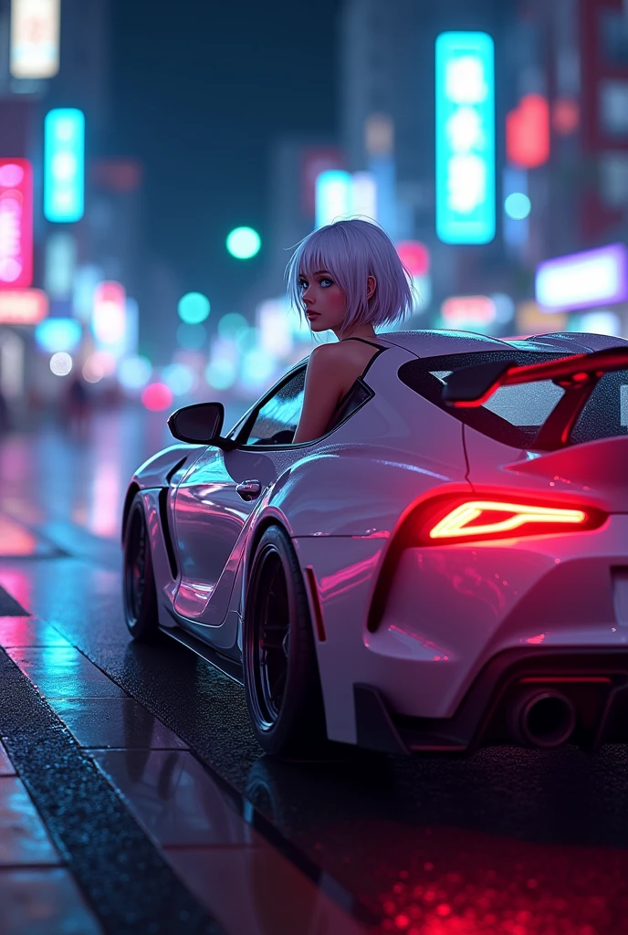 anime style, young adult woman, with blue right eye and green left eye, short white hair.
Driving a toyota supra mk4.
at night.
side view.
neon lights.