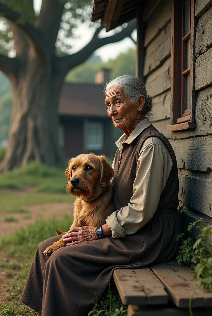 An old lady on her old house sitting on a bench under a tall tree with her dog. Ultra realtistic and textured skin and face