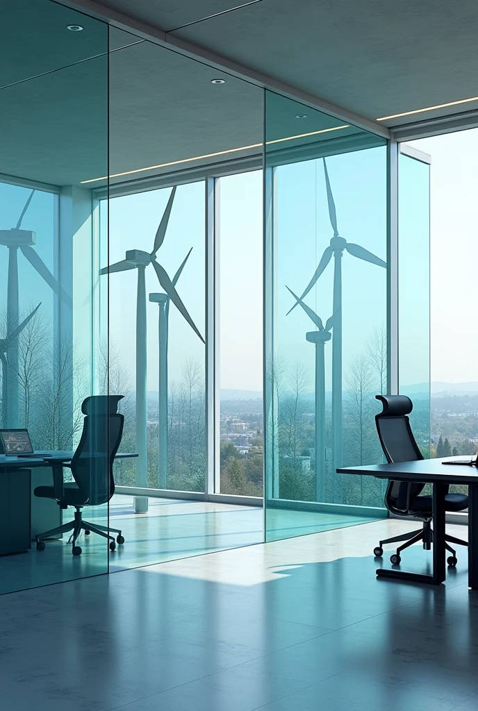 generate image of  :Office glass glazed with images of wind turbines
