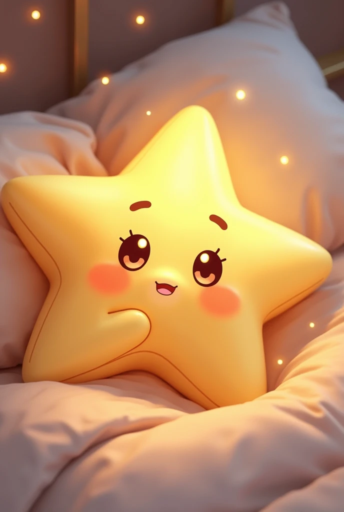 Create a cute star lying on the bed with one hand on the face and the other hand resting , do with an angle from above,