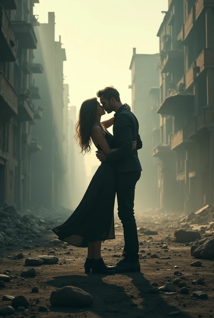 An image of a couple kissing in the middle of a destroyed world