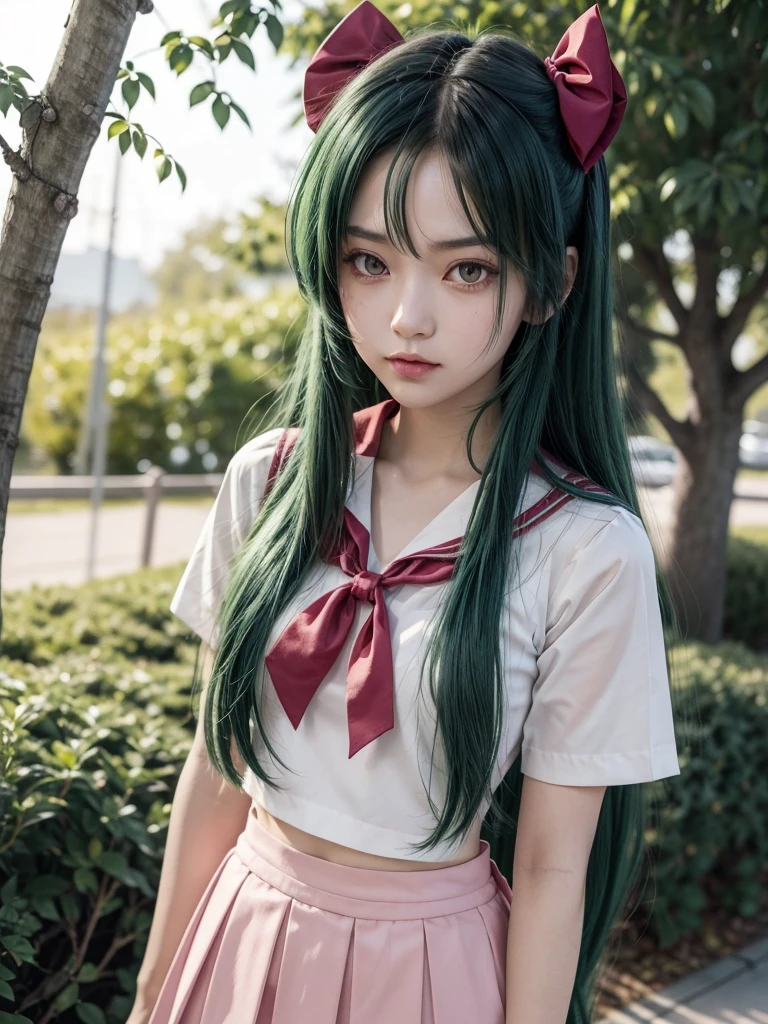 Setsuna has long dark green hair, with pink or red eyes depending on the point of view. She most often appears as Sailor Pluto, has a white collar with a bow in the center and several details, and also has a short skirt with its corresponding color, which in this case is dark green.