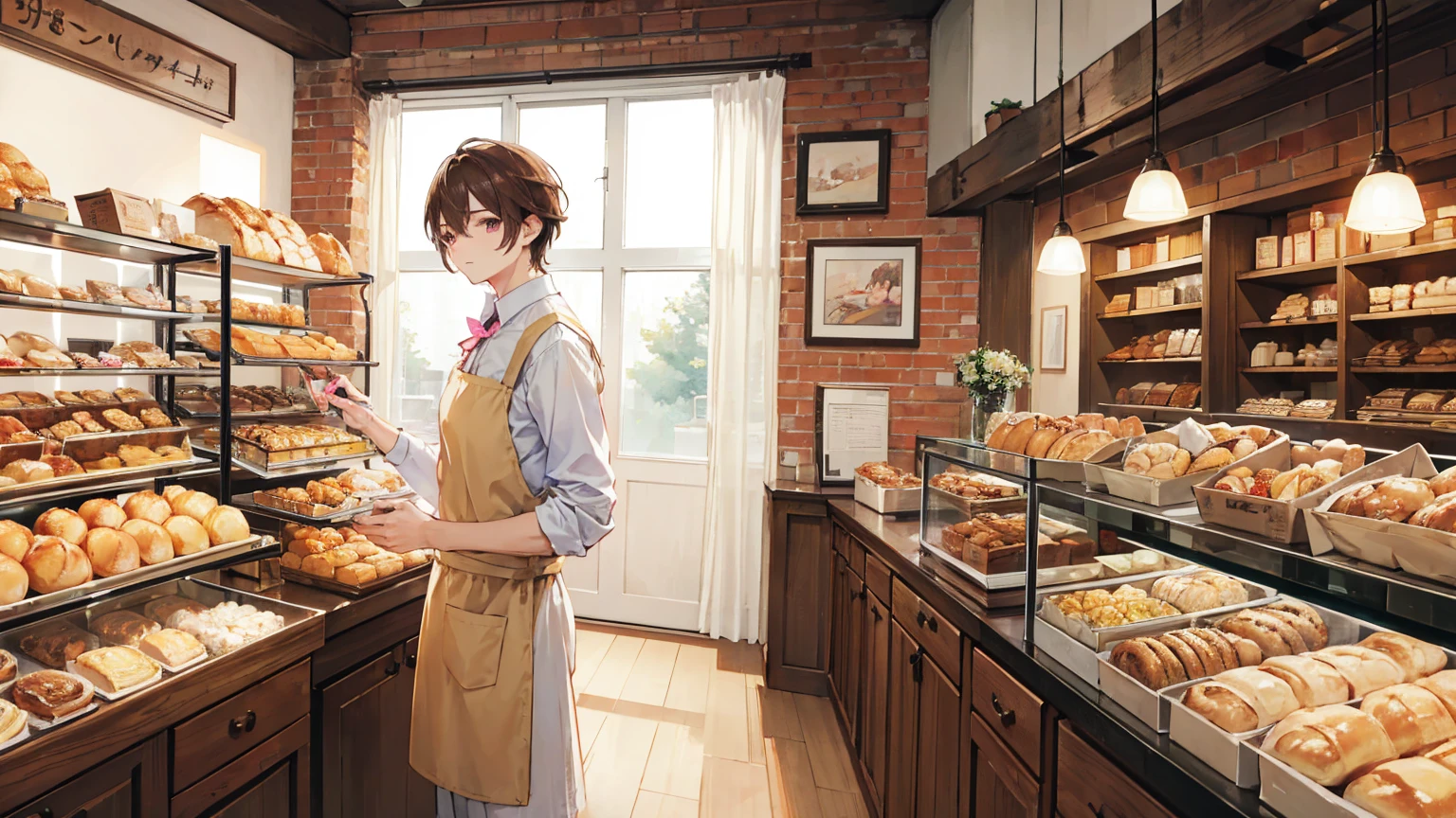 (masterpiece), (high quality), (4k), 
Create an illustration of a male bakery character in his 30s. 
He has a gentle expression and short to medium-length brown hair. 
His outfit is a traditional bakery uniform, such as a brown apron or shirt, 
with pink accents like ribbons, collars, or pockets. 
The background should depict a warm and cozy bakery scene with wooden counters 
and shelves filled with fresh bread and pastries. 
Include soft natural light streaming through the bakery’s windows.


