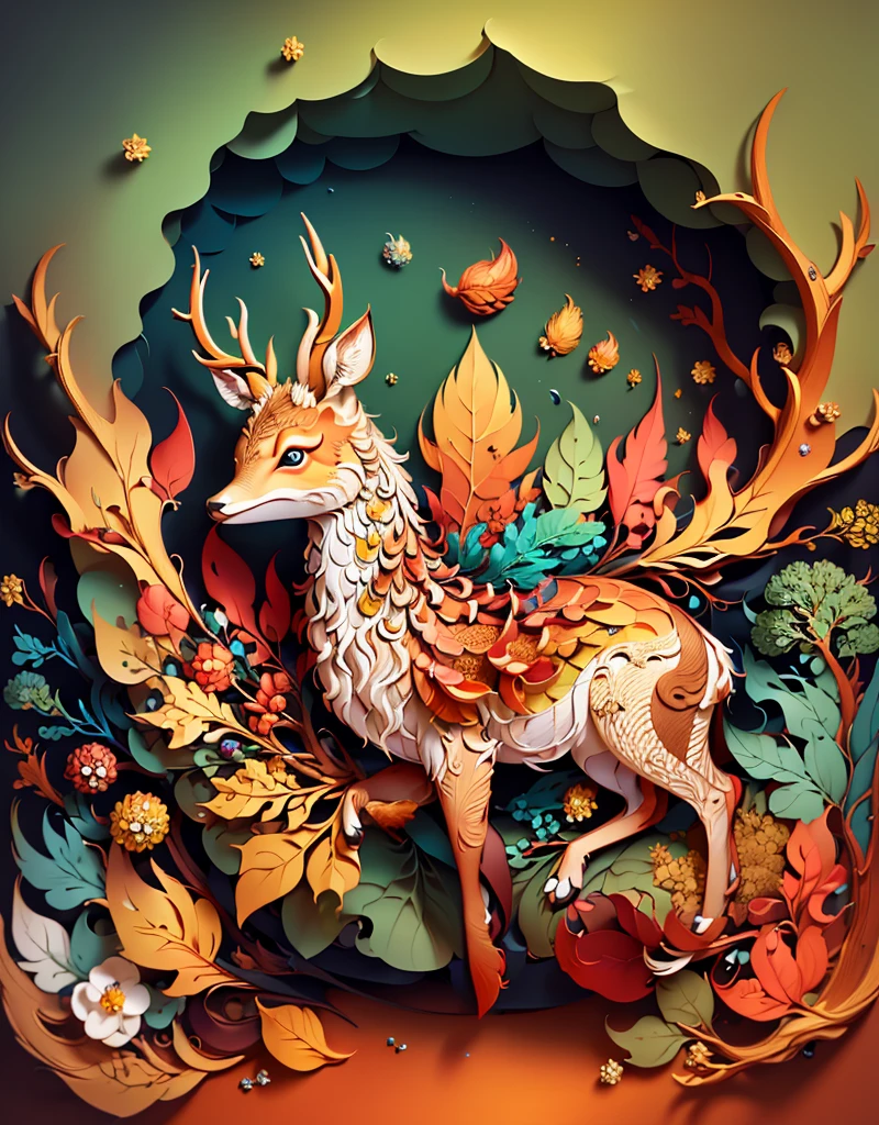 (((masterpiece))), best quality, 8k, hyperrealistic, highly detailed, intricate quilled paper deer, vibrant oil painting, detailed fur, beautiful eyes, elegant posture, deer in a forest, natural lighting, warm color palette, realistic details, photorealistic