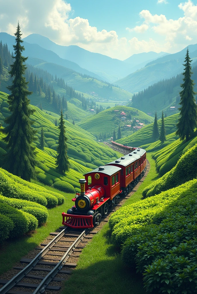 Make an image of toy train riding in the hills (of Darjeeling) give importance and details on hills