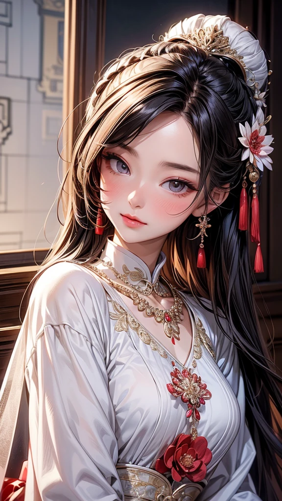 best qualityer, work of art, 1 girl,Chinese Wedding Dress,hair ornament,necklase, jewerly,beautiful face, blush, looking ahead at viewer