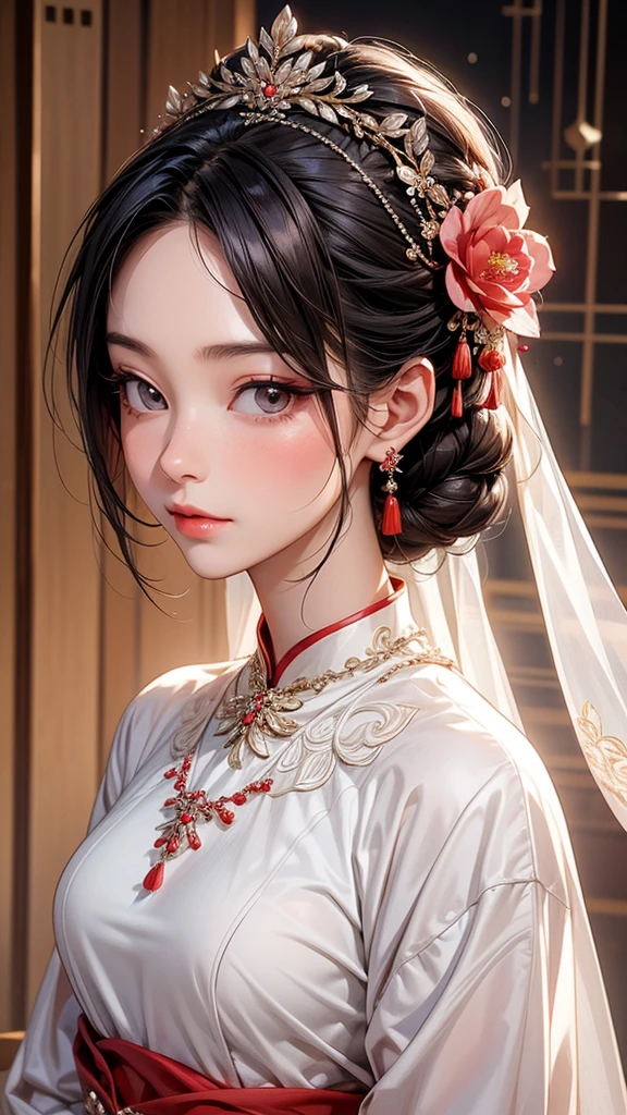 best qualityer, work of art, 1 girl,Chinese Wedding Dress,hair ornament,necklase, jewerly,beautiful  face, blush, looking ahead at viewer 