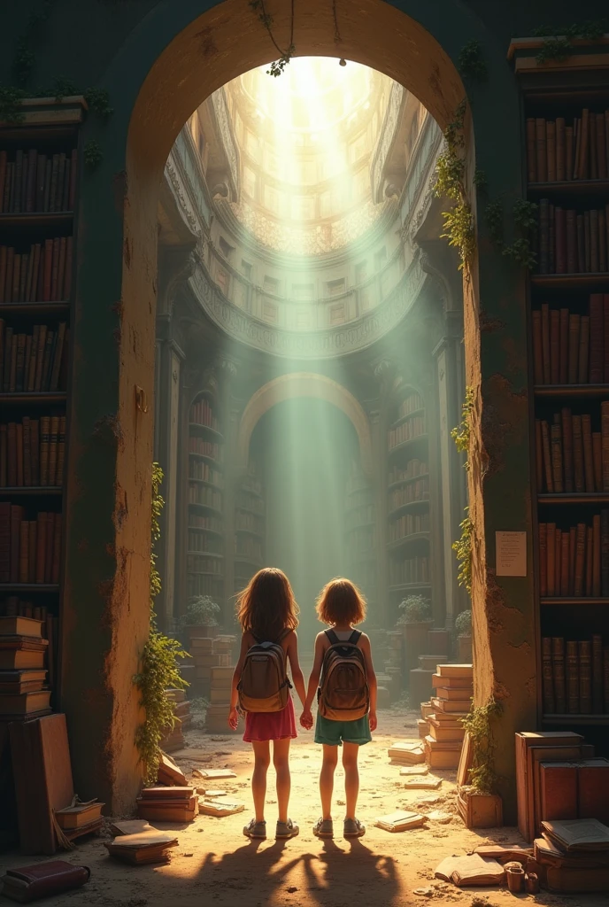 Two teenage girls and a teenage boy discovering a secret hiding place that led them to an old library filled with shelves of dusty books.