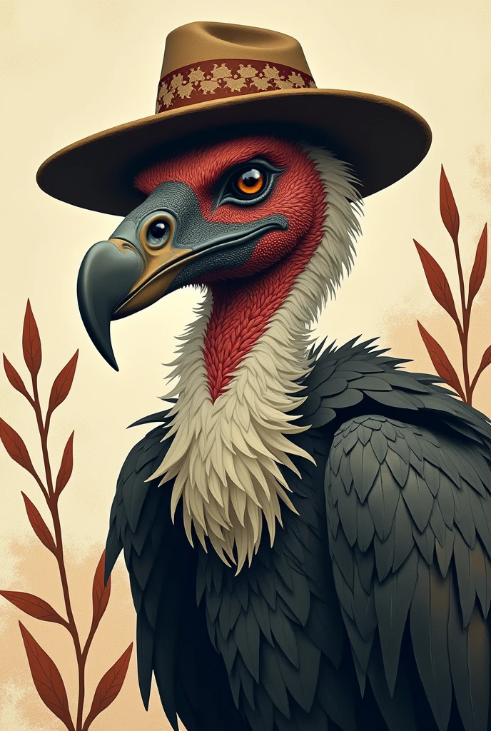 Vulture with hat and mustache in an indigenous or non-contemporary style with a slight African drawing style