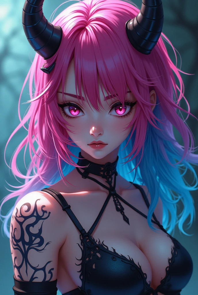 A demon woman, pink hair with blue tips,  anime style 