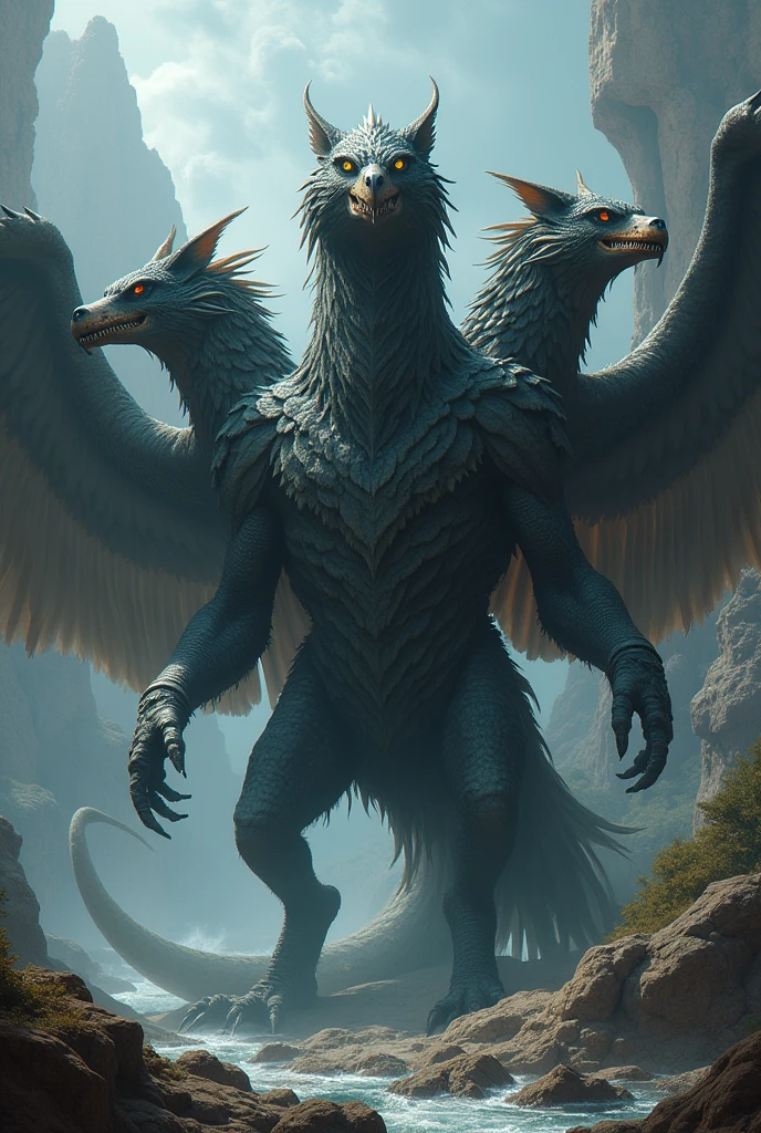 Create a mythological creature of three heads of different animals the three heads of the animals of different animal of wolf crocodile and eagle