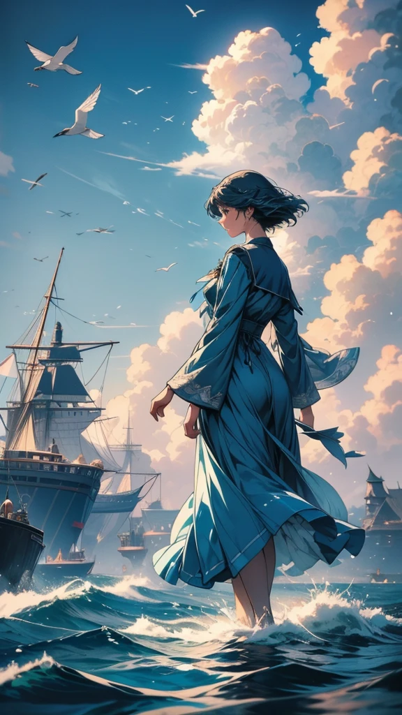 A woman in a blue dress stands on a boat、A picture of birds flying, 新海誠 Cyril Rolland, inspired Cyril Rolland, Cyril Rolland, Cyril Rolland風, Girl Cloud, Beautiful depiction, Profile photo, Walking on water anime, figure!, She's getting closer to heaven, She is floating in the air, fly in the sky