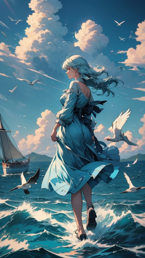 A woman in a blue dress stands on a boat、A picture of birds flying, 新海誠 Cyril Rolland, inspired Cyril Rolland, Cyril Rolland, Cyril Rolland風, Girl Cloud, Beautiful depiction, Profile photo, Walking on water anime, figure!, She's getting closer to heaven, She is floating in the air, fly in the sky