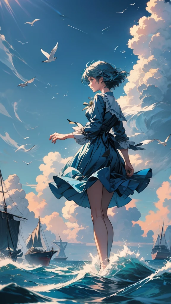 A woman in a blue dress stands on a boat、A picture of birds flying, 新海誠 Cyril Rolland, inspired Cyril Rolland, Cyril Rolland, Cyril Rolland風, Girl Cloud, Beautiful depiction, Profile photo, Walking on water anime, figure!, She's getting closer to heaven, She is floating in the air, fly in the sky