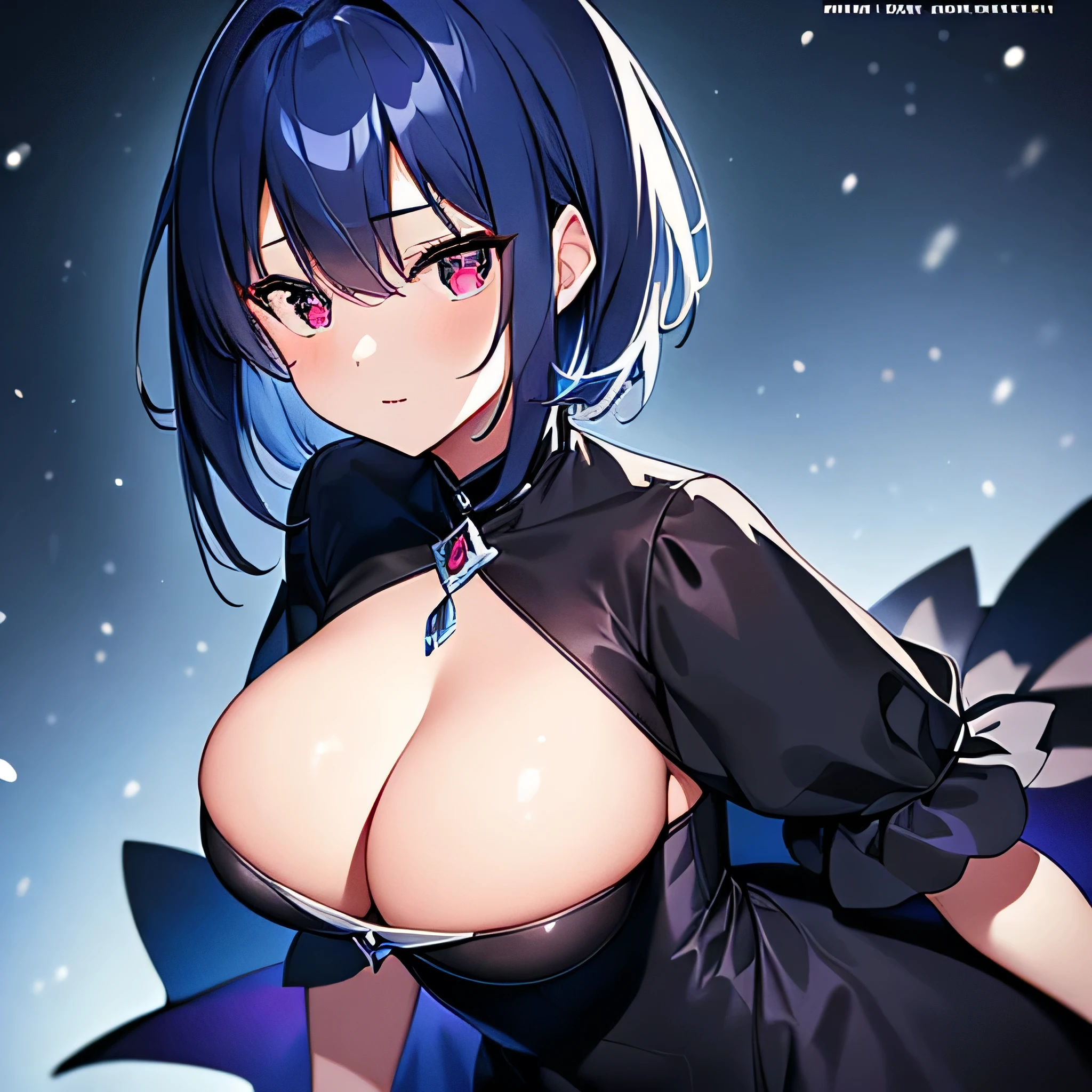 (best quality)), ((masterpiece)), (detailed), 1 girl, high quality, off chest black dress, big breasts, cobalt blue hair, red eyes, nighttime, snow, ice queen, blue background, short hair