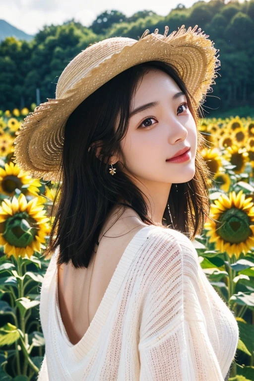 (22 year old Japanese beautiful girl,), (Small breasts:1.5,),(solo,Textured skin, Detailed skin,Detailed face,Detailed eyes,detailed posing,Natural eyebrows,High detail, Highest quality, Super detailed, Surrealism, ,8k,RAW Photos,Photographicism,Professional Lighting,Ray Tracing,Aperture F1.2,Portrait Photography,Natural Light),(((Black Hair, Natural Makeup,Simple earrings,Medium Hair, happiness／joy,V-neck sweater,White straw hat))),(((Sunflower field,Surrounded by sunflowers,Front blur,Back blur)))