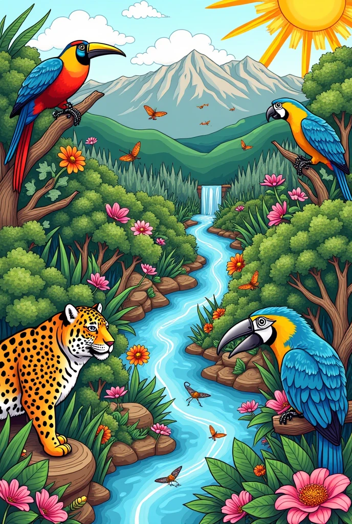 Give me a coloring page of the current ecosystems in Colombia 