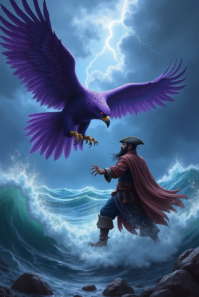 Evil purple eagle attacking a pirate in the rough sea with dark sky with lightning 