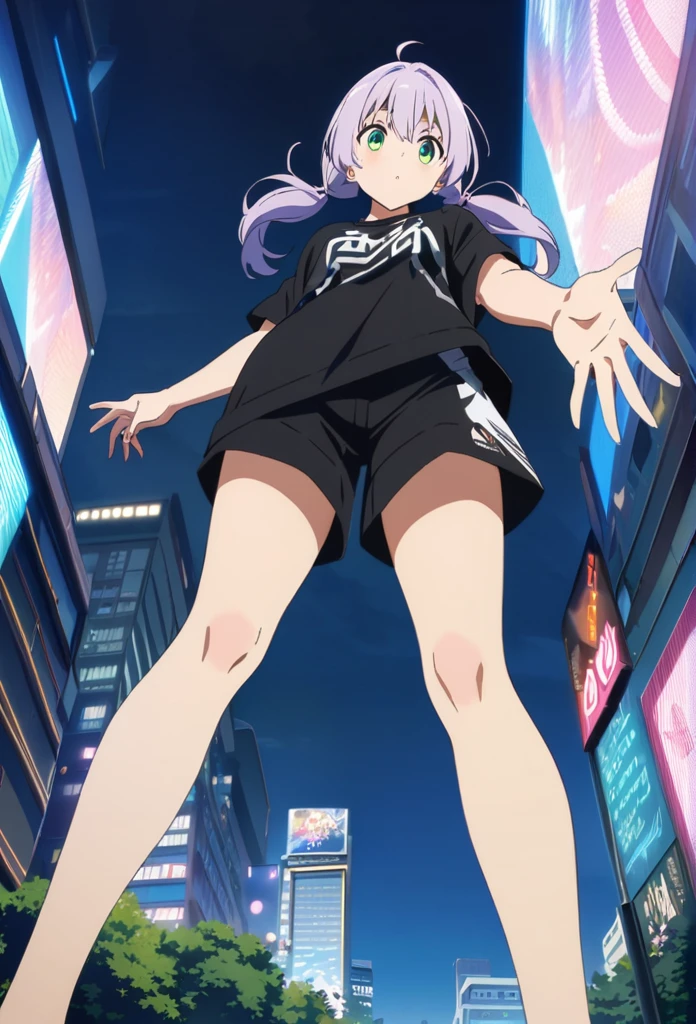 masterpiece, best quality, absurdres, 8k wallpaper, source_anime, uncensored, anime artwork, anime style, anime coloring, studio anime, megami magazine,
The blue sky is barely visible among the skyscrapers, the girl is reaching out towards the blue sky, the girl has light purple hair tied in low twin tails, green eyes, a black dance shirt and shorts, sneakers on bare feet, masterpiece, advertising art, illustration, shot from below, 50mm lens effect