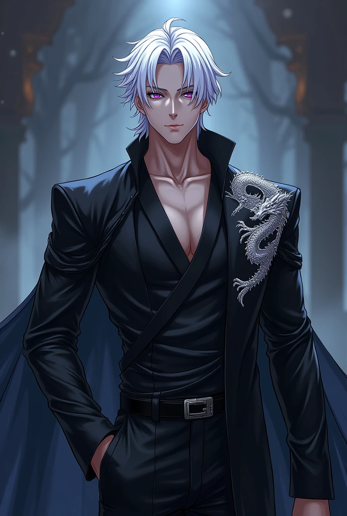 A man with platinum hair and amethyst eyes, tall and somewhat muscular, in black clothes with an embroidered silver dragon. anime style