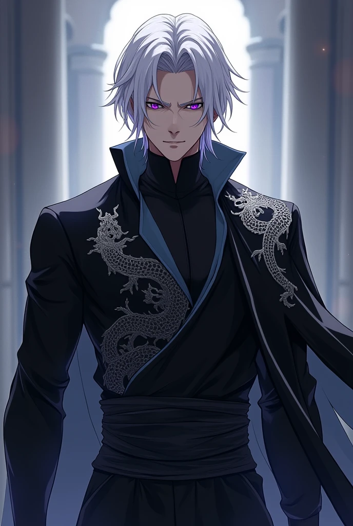 A man with platinum hair and amethyst eyes, tall and somewhat muscular, in black clothes with an embroidered silver dragon. anime style