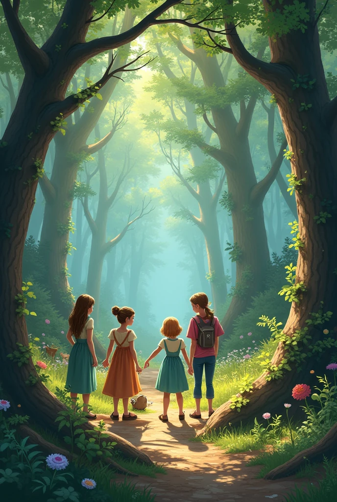 In a magical forest, There lived four friends: emma, Johana, Susanna and Marlet. One day, a strong storm hit the forest, and all the creatures took refuge in their homes. However, The wind was so strong that it tore down the oldest trees., and many creatures were trapped. But the four friends helped to put everything in order.. Since that day, The Forest of Values became a sacred place, where any living being was welcomed and respected, and where values were passed down from generation to generation, recordando siempre la historia de emma, Johana, Susanna and Marlet