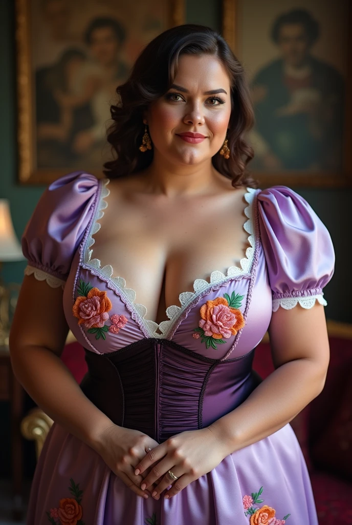 full body of The AVN Award for deep v neck blouse BOOB cleavage OF Sultry Plus-Size Exhibitionist Amorous voluptuous MILF with Boob Cleavage Breasts: Based on the image, the adult costume is a captivating dress that blends historical elegance with sensuality. The light purple satin-like fabric, adorned with delicate embroidered floral patterns in shades of pink, orange, and green, creates a stunning visual effect. The deep v-neckline, trimmed with white lace, accentuates the voluptuous cleavage, while the short puffed sleeves add a touch of vintage charm. The darker purple waistline and the sophisticated ruching on the bodice enhance the form-fitting silhouette, making this dress an eye-catching choice for any special occasion.