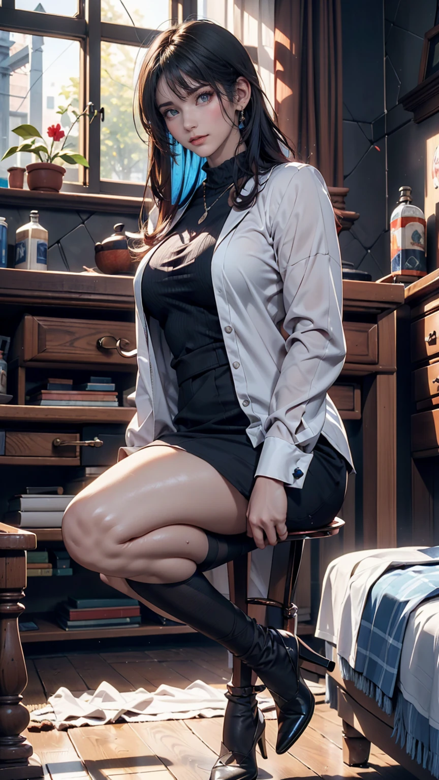 devil, alone, Blue Skin, Romanian people, Full Color, Full of details, portrait photo, Black Hair, blue eyes, Shadow, Light, land, 8k, High resolution, Anime Style, Complete reality, full body photo, hot , very hot, transformation