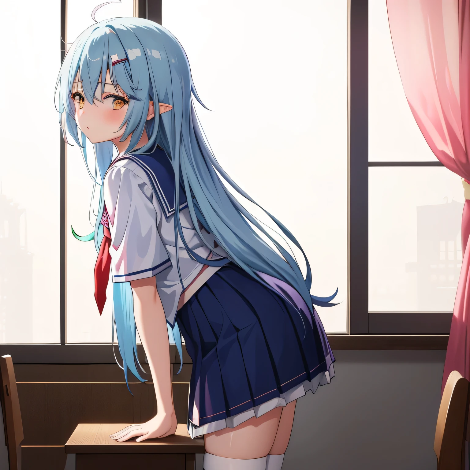 masterpiece, best quality, 1girl, solo, blush, yukihana lamy, long hair, hair between eyes, ornament ((white japanese short sleeve seifuku clothes)), knee socks, zettai ryouiki, sad stare, classroom, indoors, bright room, extremely detailed 8K, smooth, high resolution, ultra quality, cinematic lighting, ambient occlusion, hd, 2k, 4k, 8k, 16k, extremely detailed anime, detailed faces, perfect composition, wide shot, atmospheric lighting,