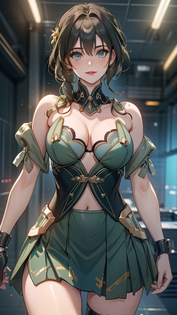 Military green translucent armor,Arm mecha,light blue short hair,Braided hairstyle,Large Breasts,Cleavage,Pistol hanging from waist,fighter pilot,fighter hangar,Sexy,Lipstick,miss,Golden Eyes,stockings,Short skirt,Smile