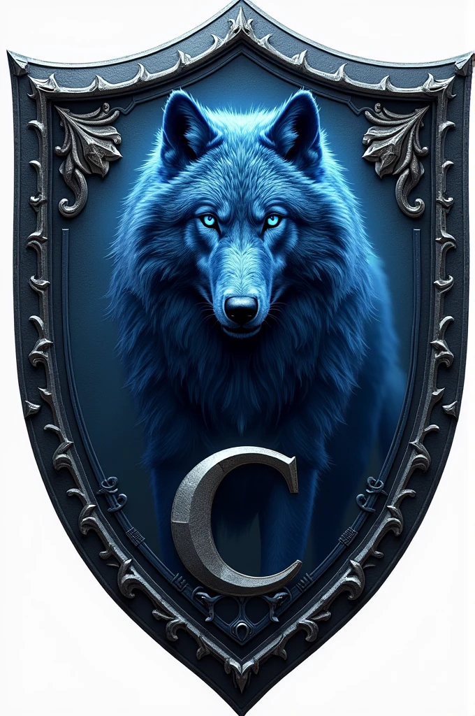 Shield with a blue wolf and letter C